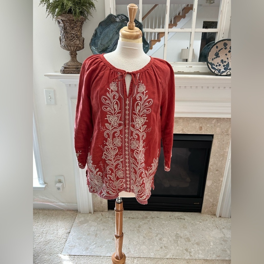 Johnny Was Bohemian Embroidered Tie Neck Top